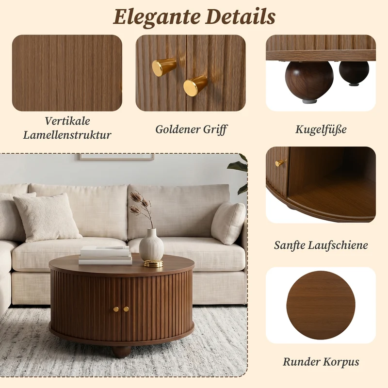 Table basse ronde effet bois noyer style rétro 2 portes coulissantes à latte poignées dorées 72x72x38cm FLEX WICKER PRIME