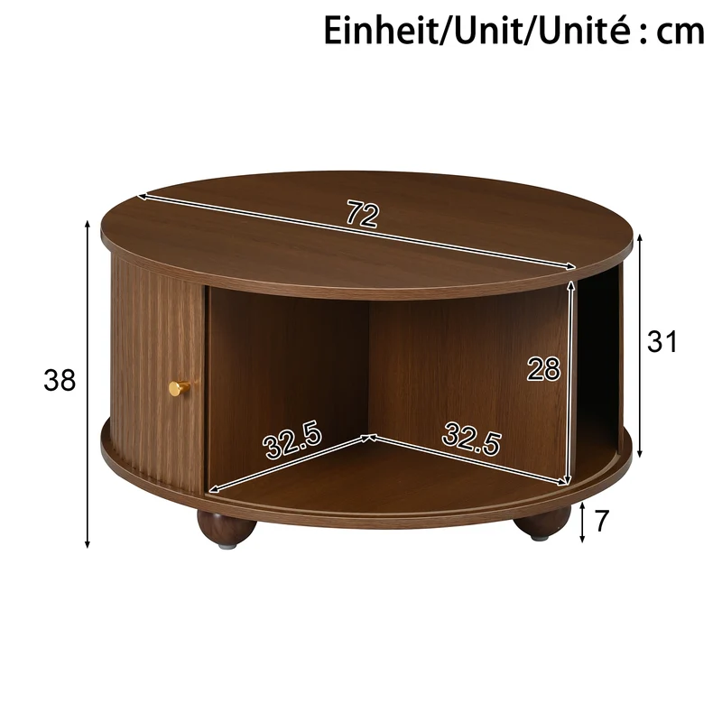 Table basse ronde effet bois noyer style rétro 2 portes coulissantes à latte poignées dorées 72x72x38cm FLEX WICKER PRIME