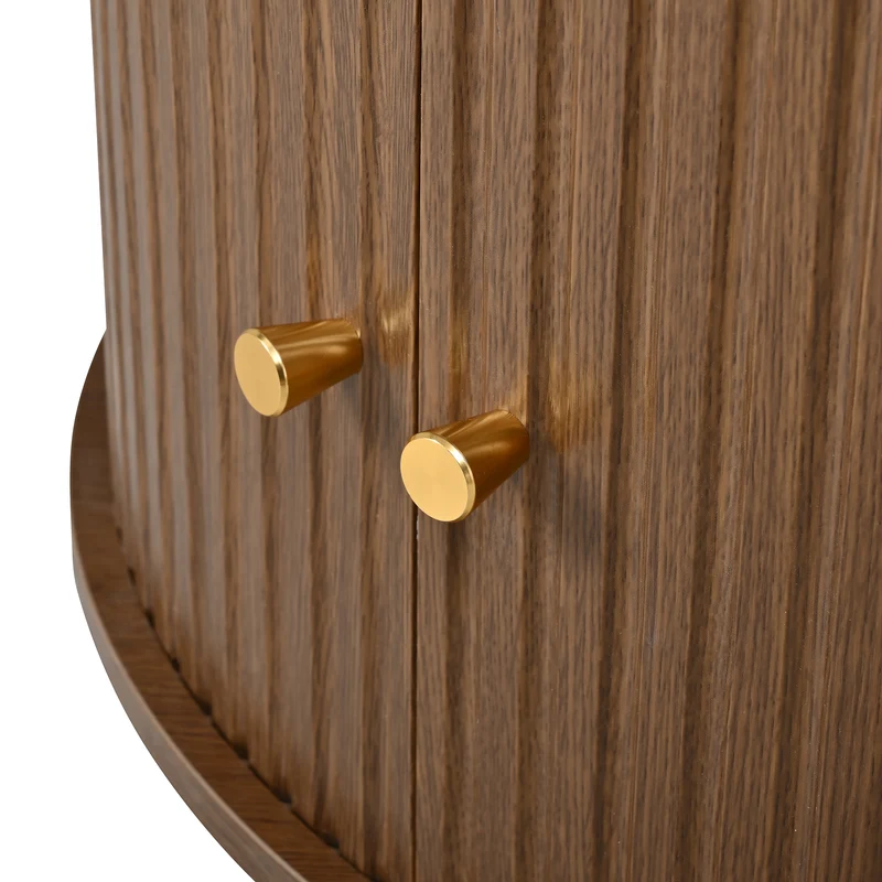 Table basse ronde effet bois noyer style rétro 2 portes coulissantes à latte poignées dorées 72x72x38cm FLEX WICKER PRIME
