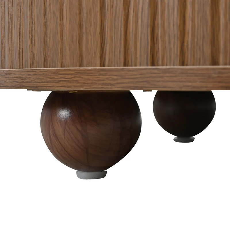 Table basse ronde effet bois noyer style rétro 2 portes coulissantes à latte poignées dorées 72x72x38cm FLEX WICKER PRIME