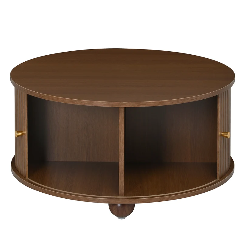 Table basse ronde effet bois noyer style rétro 2 portes coulissantes à latte poignées dorées 72x72x38cm FLEX WICKER PRIME