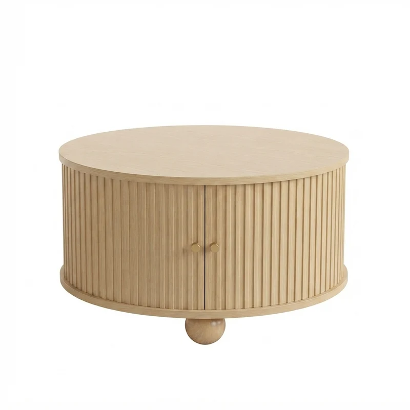 Table basse ronde effet bois clair style rétro 2 portes coulissantes à latte poignées dorées 72x72x38 cm FLEX VASE