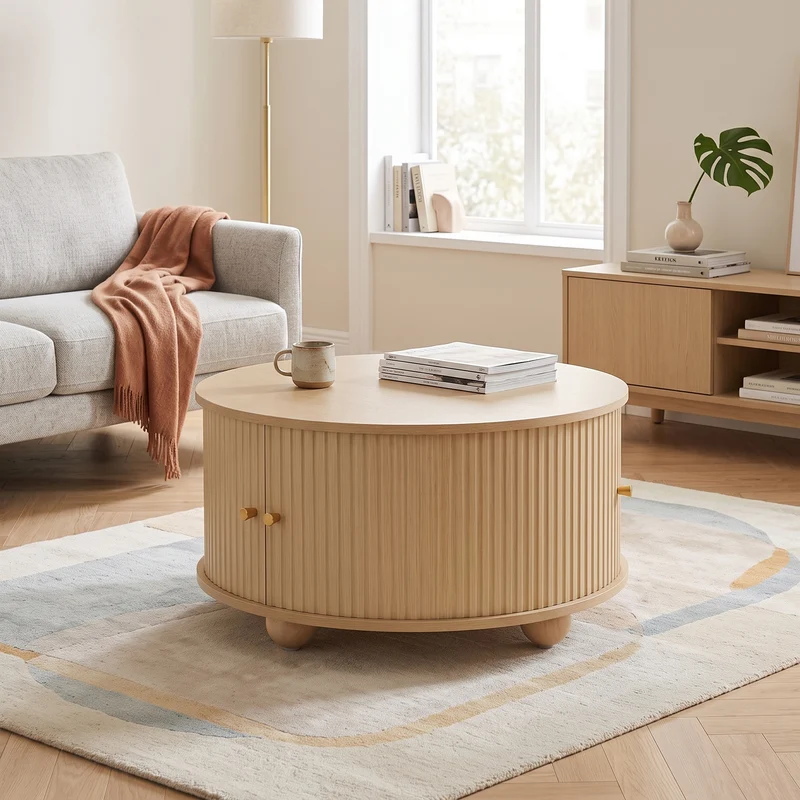 Table basse ronde effet bois clair style rétro 2 portes coulissantes à latte poignées dorées 72x72x38 cm FLEX VASE