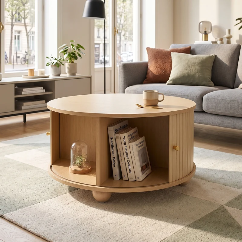 Table basse ronde effet bois clair style rétro 2 portes coulissantes à latte poignées dorées 72x72x38 cm FLEX VASE