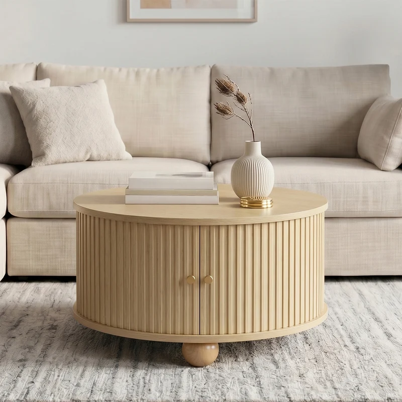 Table basse ronde effet bois clair style rétro 2 portes coulissantes à latte poignées dorées 72x72x38 cm FLEX VASE