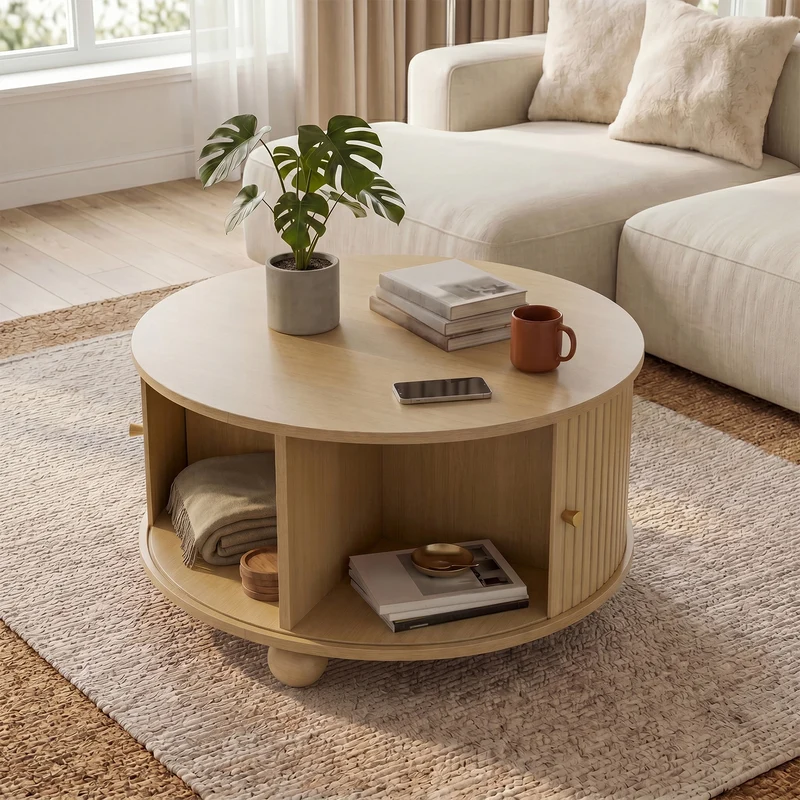 Table basse ronde effet bois clair style rétro 2 portes coulissantes à latte poignées dorées 72x72x38 cm FLEX VASE