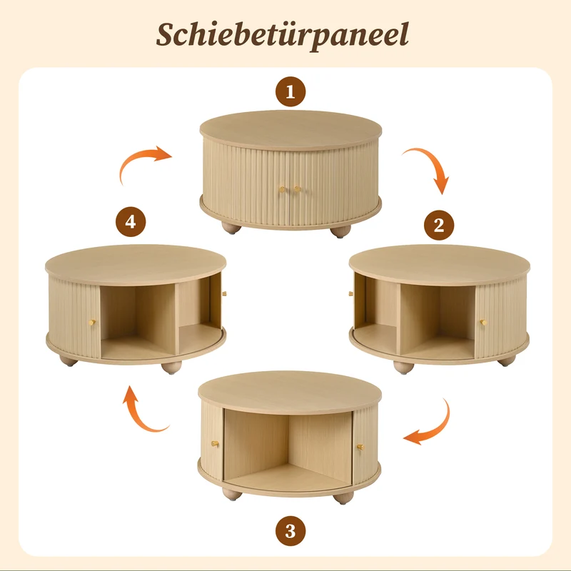 Table basse ronde effet bois clair style rétro 2 portes coulissantes à latte poignées dorées 72x72x38 cm FLEX VASE