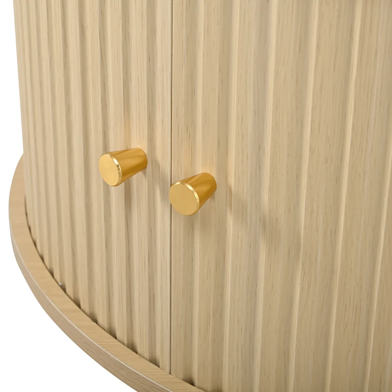Table basse ronde effet bois clair style rétro 2 portes coulissantes à latte poignées dorées 72x72x38 cm FLEX VASE