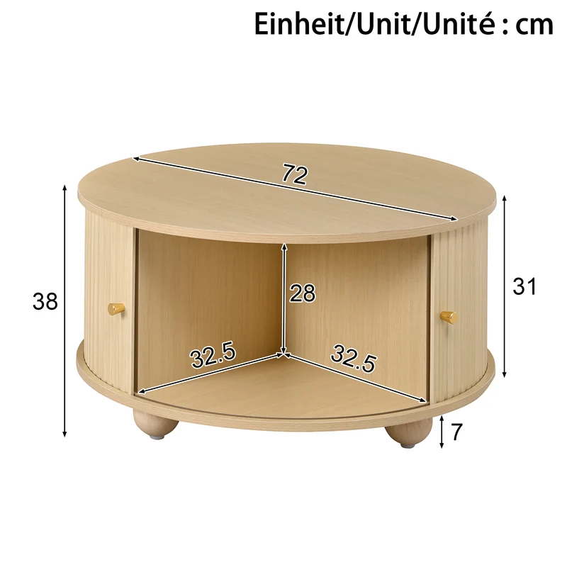Table basse ronde effet bois clair style rétro 2 portes coulissantes à latte poignées dorées 72x72x38 cm FLEX VASE