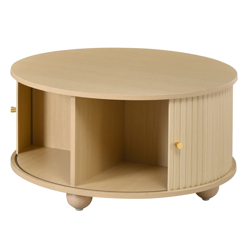 Table basse ronde effet bois clair style rétro 2 portes coulissantes à latte poignées dorées 72x72x38 cm FLEX VASE