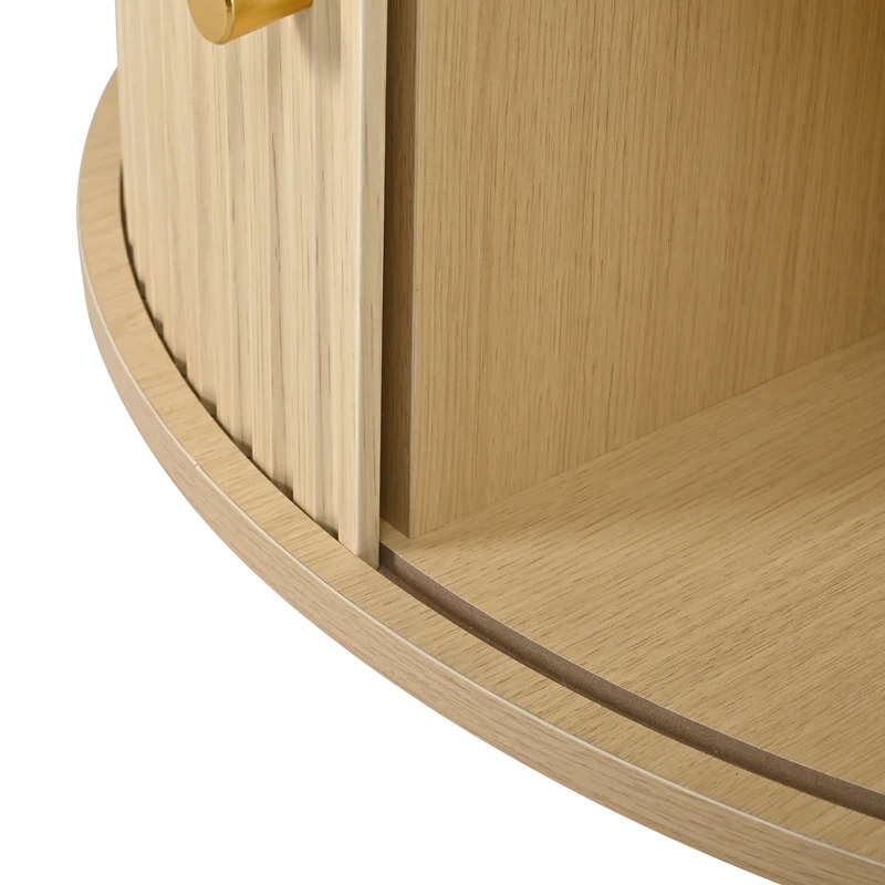 Table basse ronde effet bois clair style rétro 2 portes coulissantes à latte poignées dorées 72x72x38 cm FLEX VASE