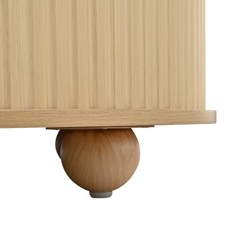 Table basse ronde effet bois clair style rétro 2 portes coulissantes à latte poignées dorées 72x72x38 cm FLEX VASE