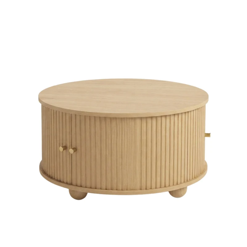 Table basse ronde effet bois clair style rétro 2 portes coulissantes à latte poignées dorées 72x72x38 cm FLEX VASE
