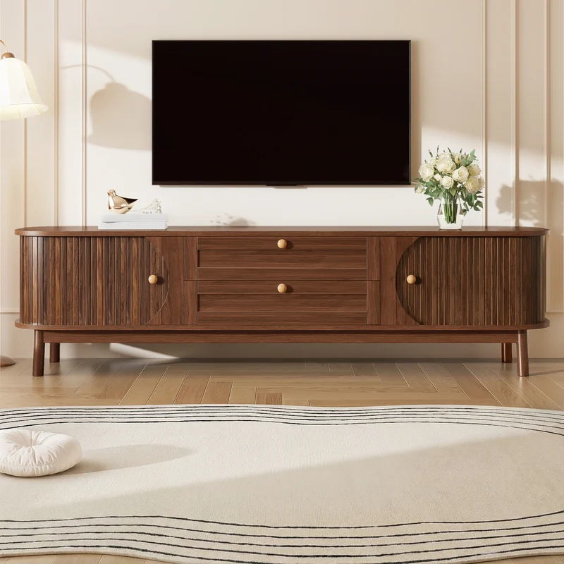 Meuble TV effet bois noyer style vintage 2 tiroirs et portes coulissantes 170cm VIGOURUM