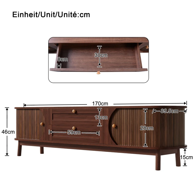 Meuble TV effet bois noyer style vintage 2 tiroirs et portes coulissantes 170cm VIGOURUM