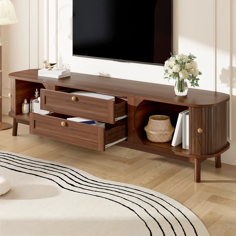Meuble TV effet bois noyer style vintage 2 tiroirs et portes coulissantes 170cm VIGOURUM
