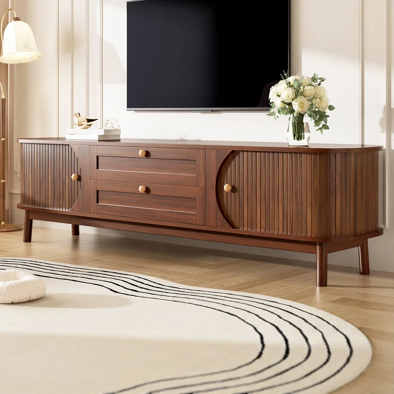 Meuble TV effet bois noyer style vintage 2 tiroirs et portes coulissantes 170cm VIGOURUM