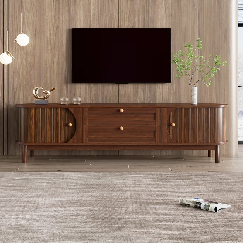 Meuble TV effet bois noyer style vintage 2 tiroirs et portes coulissantes 170cm VIGOURUM