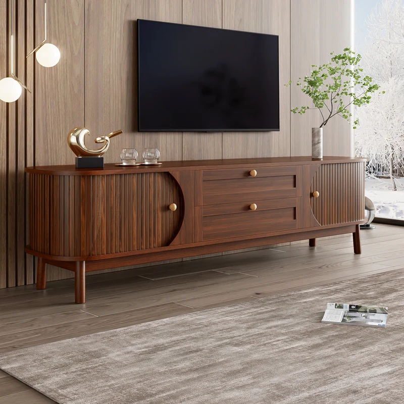 Meuble TV effet bois noyer style vintage 2 tiroirs et portes coulissantes 170cm VIGOURUM