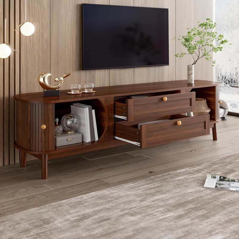 Meuble TV effet bois noyer style vintage 2 tiroirs et portes coulissantes 170cm VIGOURUM