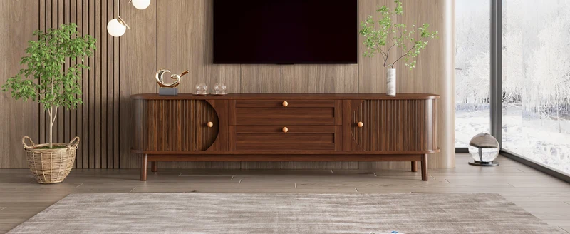 Meuble TV effet bois noyer style vintage 2 tiroirs et portes coulissantes 170cm VIGOURUM