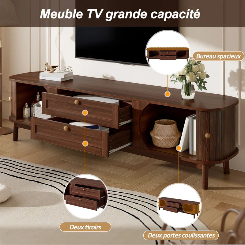 Meuble TV effet bois noyer style vintage 2 tiroirs et portes coulissantes 170cm VIGOURUM
