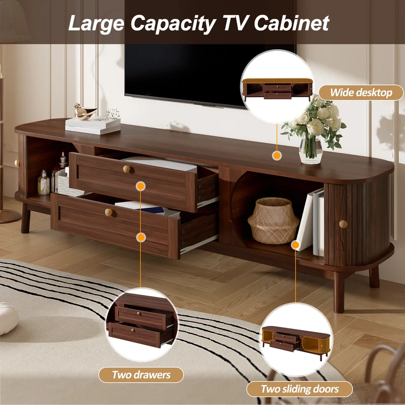 Meuble TV effet bois noyer style vintage 2 tiroirs et portes coulissantes 170cm VIGOURUM