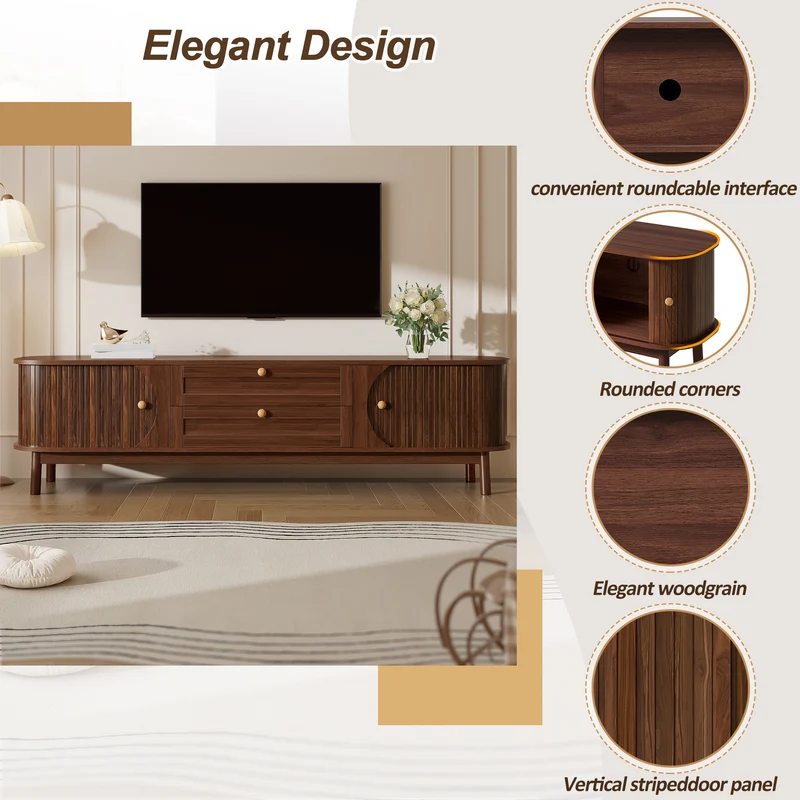 Meuble TV effet bois noyer style vintage 2 tiroirs et portes coulissantes 170cm VIGOURUM