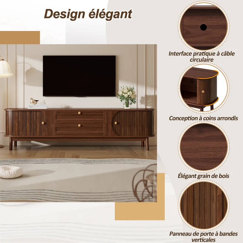 Meuble TV effet bois noyer style vintage 2 tiroirs et portes coulissantes 170cm VIGOURUM
