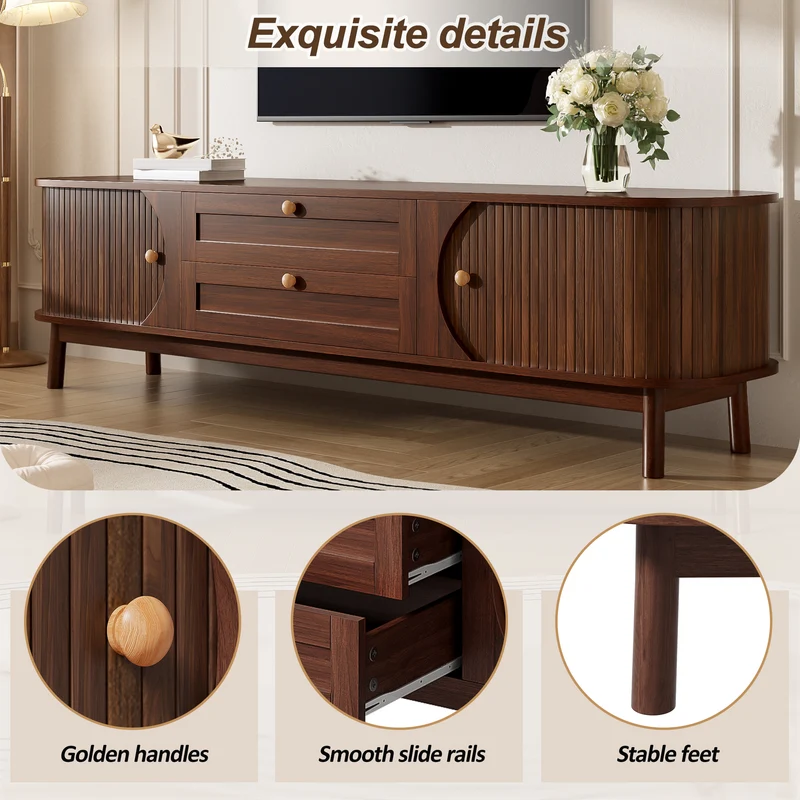 Meuble TV effet bois noyer style vintage 2 tiroirs et portes coulissantes 170cm VIGOURUM