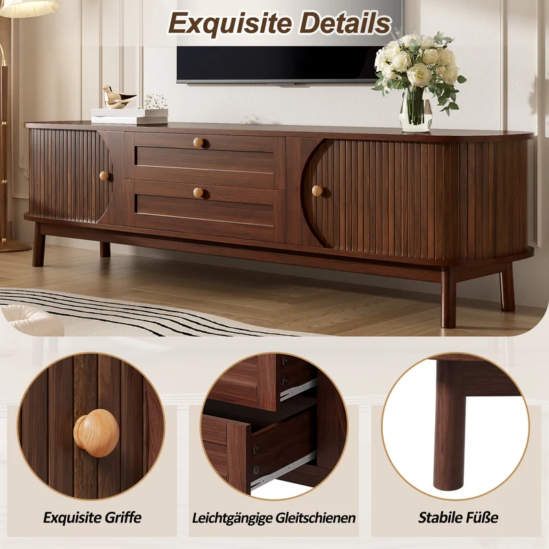 Meuble TV effet bois noyer style vintage 2 tiroirs et portes coulissantes 170cm VIGOURUM