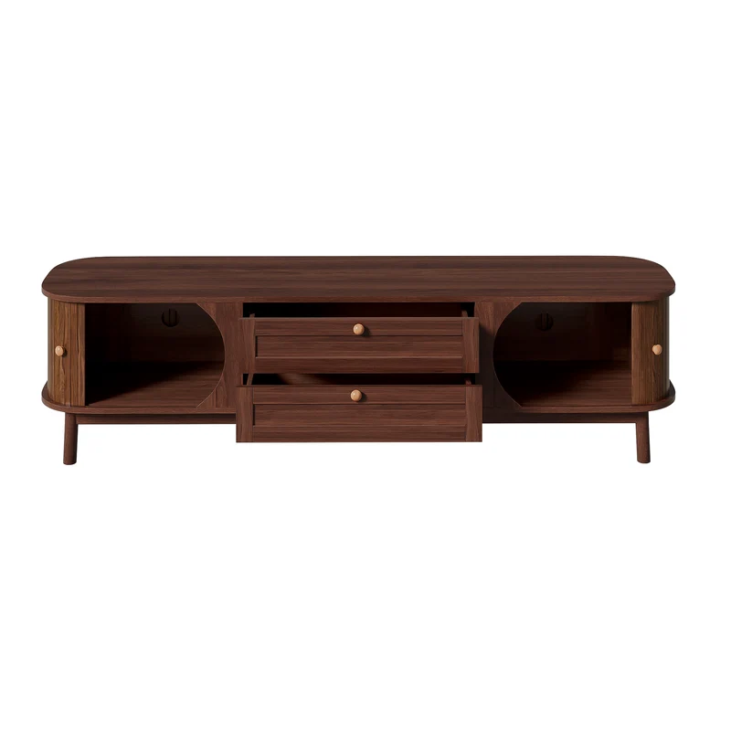 Meuble TV effet bois noyer style vintage 2 tiroirs et portes coulissantes 170cm VIGOURUM