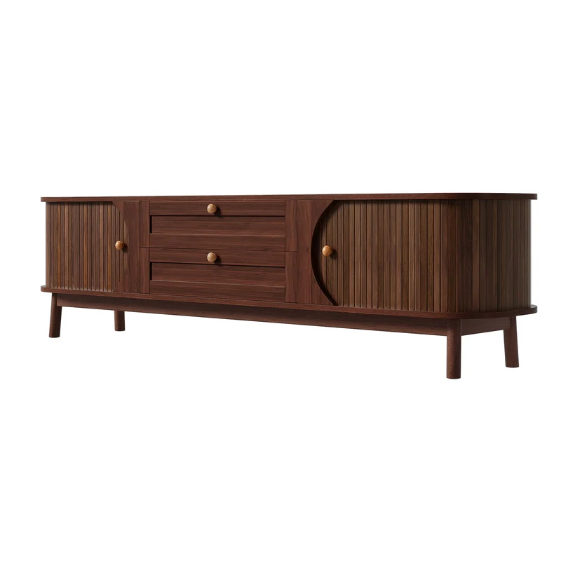 Meuble TV effet bois noyer style vintage 2 tiroirs et portes coulissantes 170cm VIGOURUM