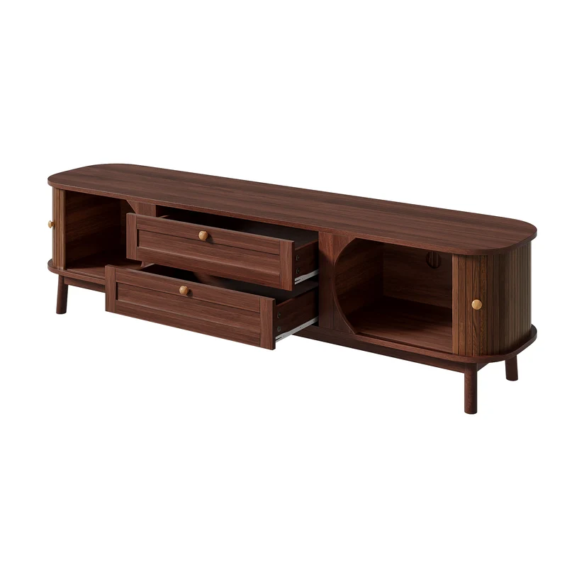 Meuble TV effet bois noyer style vintage 2 tiroirs et portes coulissantes 170cm VIGOURUM