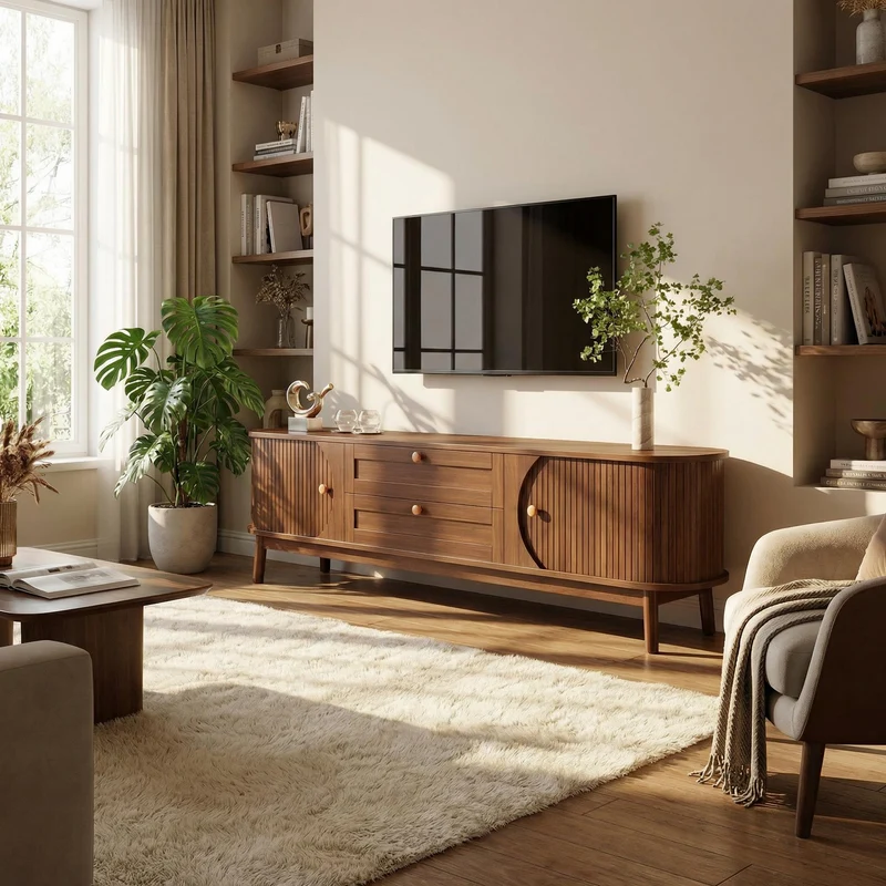 Meuble TV effet bois noyer style vintage 2 tiroirs et portes coulissantes 170cm VIGOURUM
