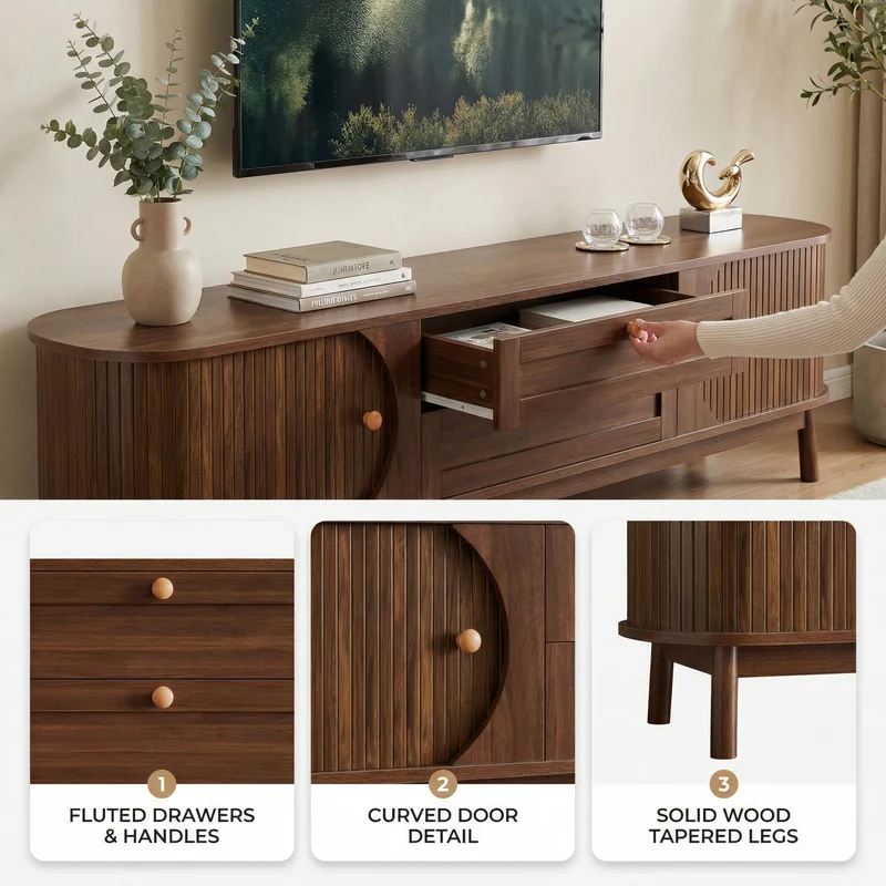 Meuble TV effet bois noyer style vintage 2 tiroirs et portes coulissantes 170cm VIGOURUM
