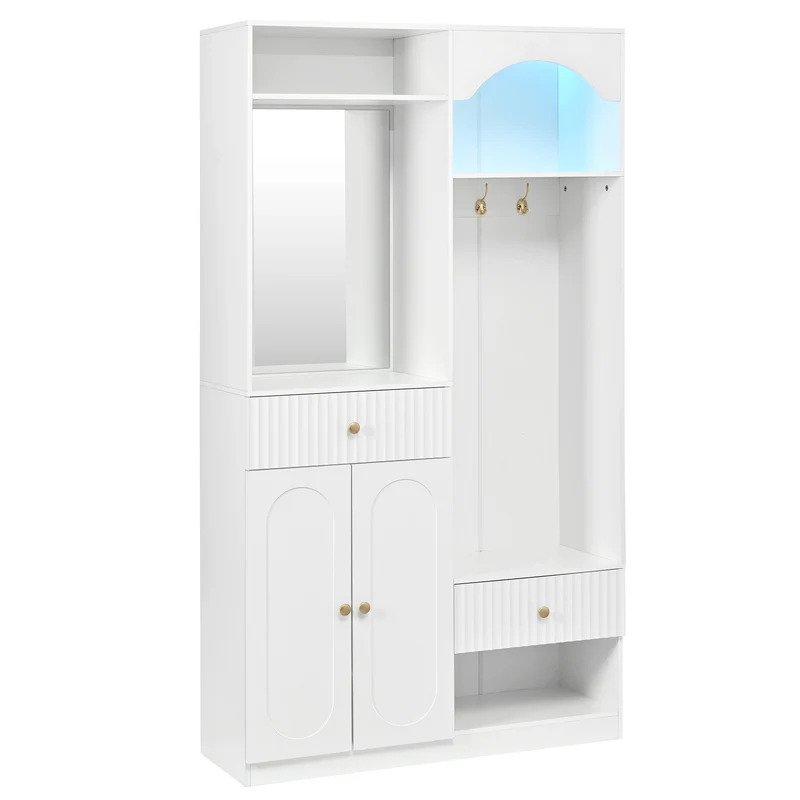 Vestiaires à l'entrée blanc avec miroir et éclairage LED accent doré ELEGANT WALNUT ONE