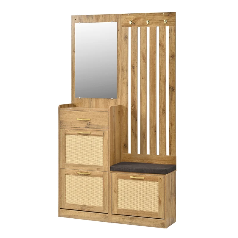Vestiaire à l'entrée effet bois 3 portes rangement chausseurs, miroir et accents dorés ELEGANT TRUNK ART