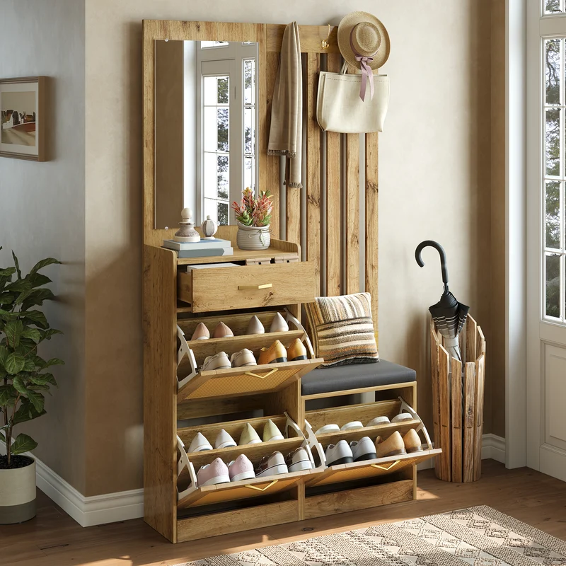Vestiaire à l'entrée effet bois 3 portes rangement chausseurs, miroir et accents dorés ELEGANT TRUNK ART