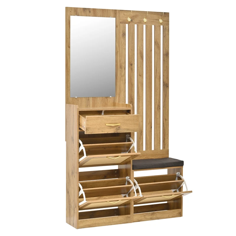 Vestiaire à l'entrée effet bois 3 portes rangement chausseurs, miroir et accents dorés ELEGANT TRUNK ART