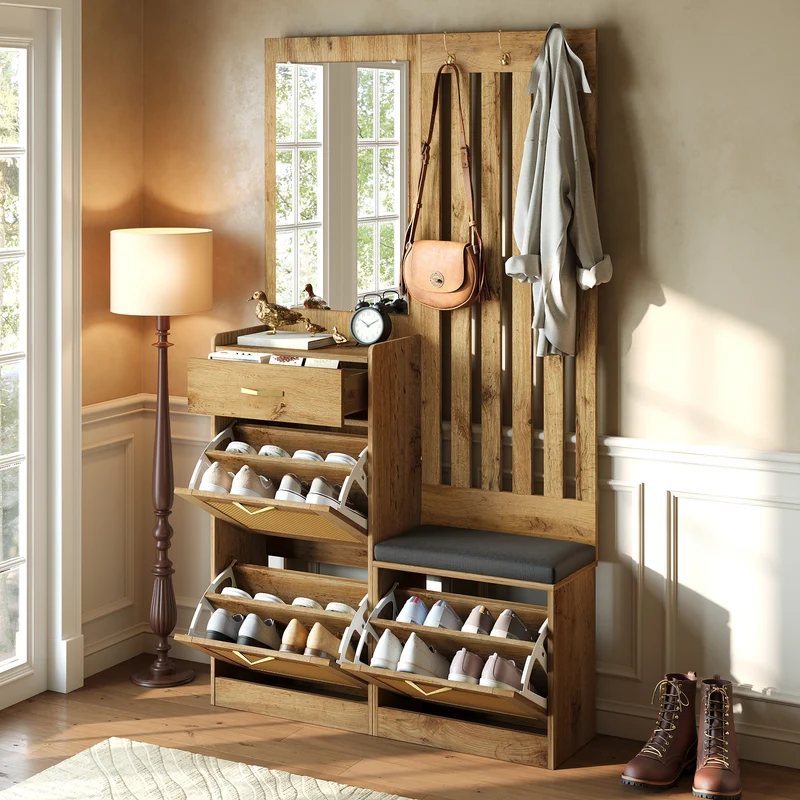 Vestiaire à l'entrée effet bois 3 portes rangement chausseurs, miroir et accents dorés ELEGANT TRUNK ART
