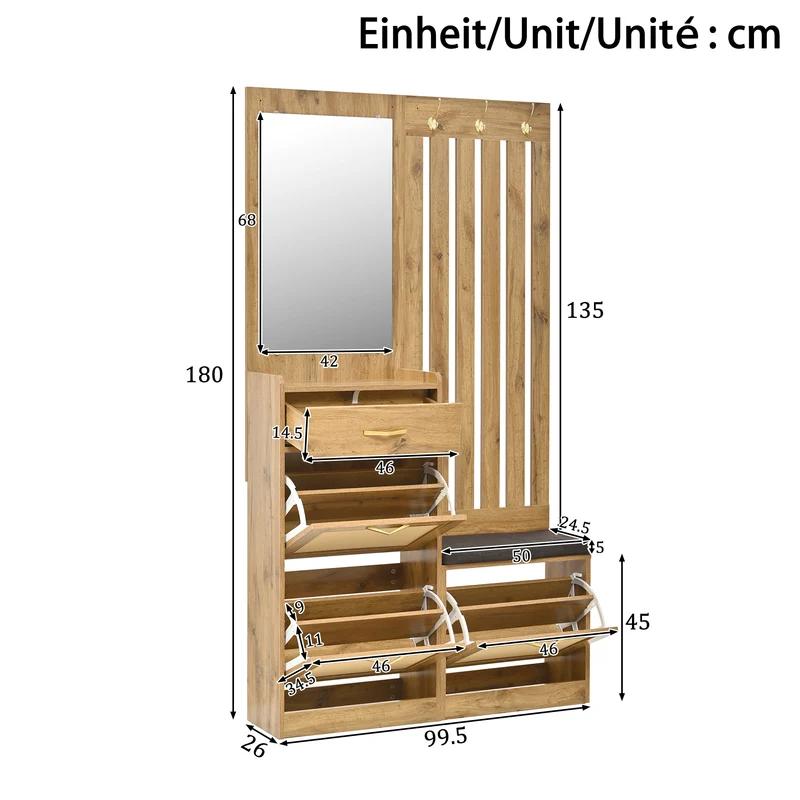 Vestiaire à l'entrée effet bois 3 portes rangement chausseurs, miroir et accents dorés ELEGANT TRUNK ART