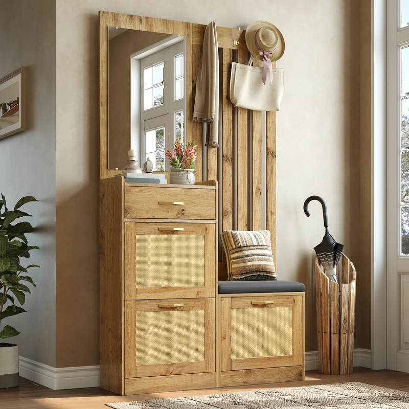 Vestiaire à l'entrée effet bois 3 portes rangement chausseurs, miroir et accents dorés ELEGANT TRUNK ART