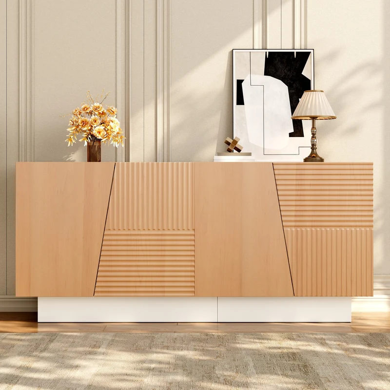 Buffet blanc et effet bois 4 portes asymétriques motifs rainures 160x40,5x72cm FABRIC TRAY