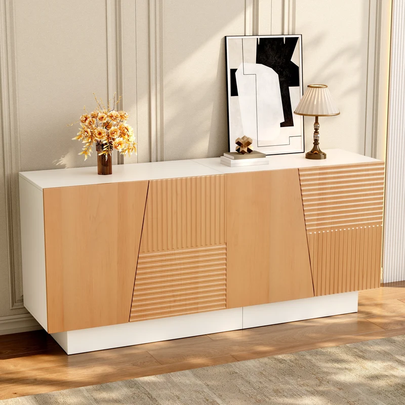 Buffet blanc et effet bois 4 portes asymétriques motifs rainures 160x40,5x72cm FABRIC TRAY