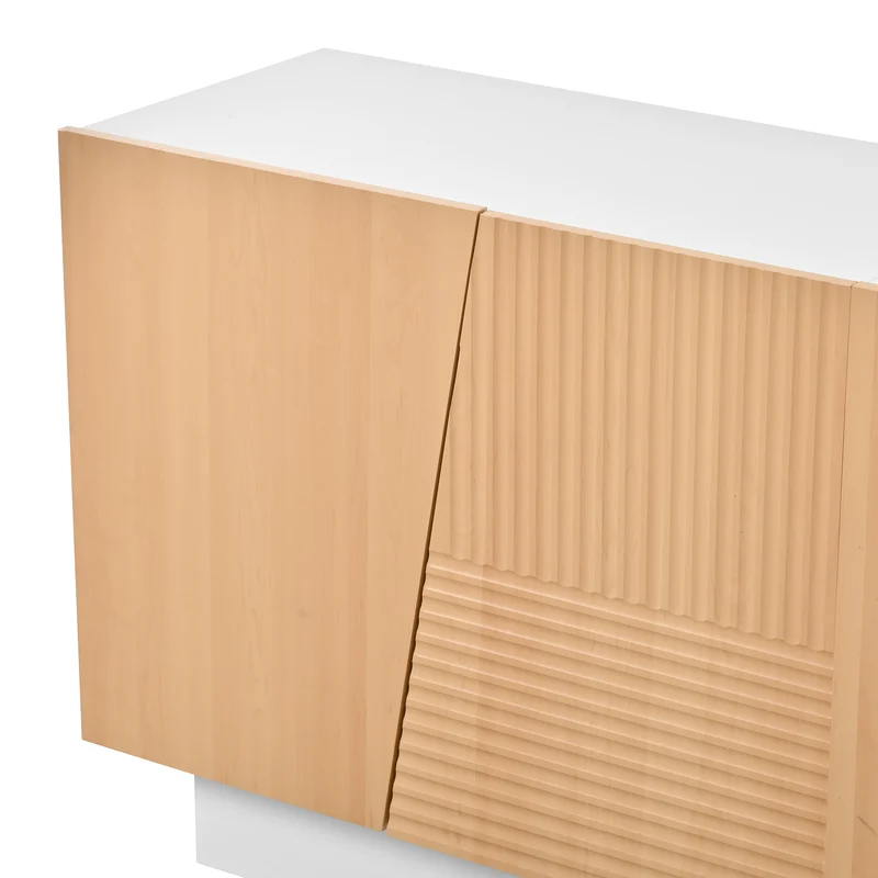 Buffet blanc et effet bois 4 portes asymétriques motifs rainures 160x40,5x72cm FABRIC TRAY