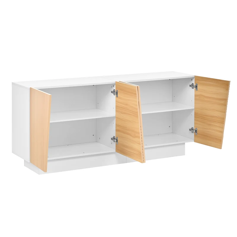 Buffet blanc et effet bois 4 portes asymétriques motifs rainures 160x40,5x72cm FABRIC TRAY