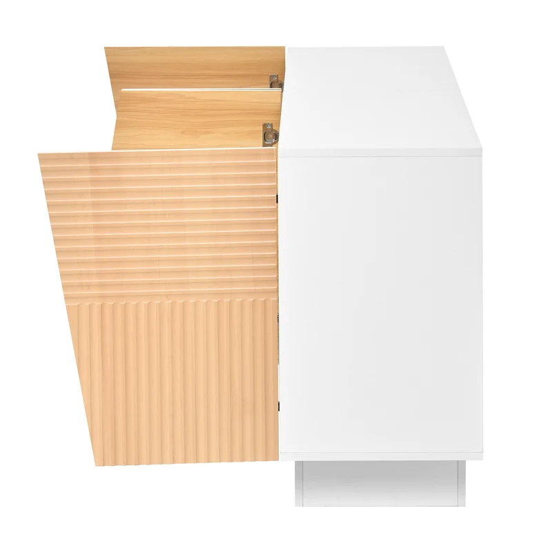 Buffet blanc et effet bois 4 portes asymétriques motifs rainures 160x40,5x72cm FABRIC TRAY