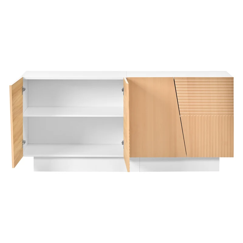 Buffet blanc et effet bois 4 portes asymétriques motifs rainures 160x40,5x72cm FABRIC TRAY