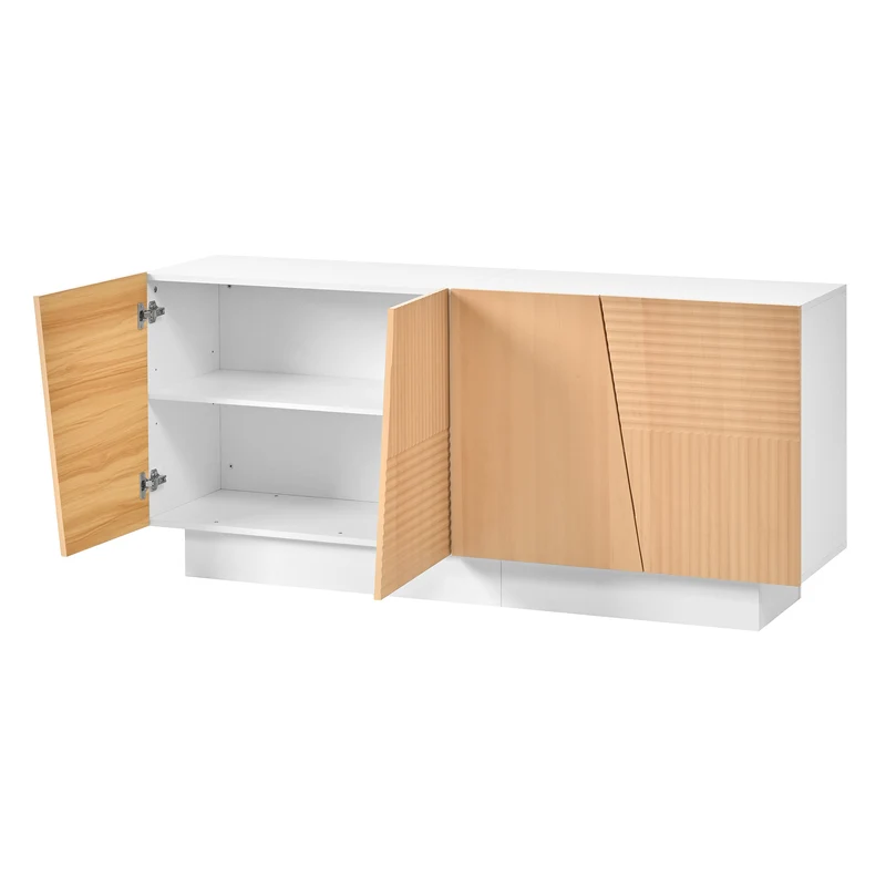 Buffet blanc et effet bois 4 portes asymétriques motifs rainures 160x40,5x72cm FABRIC TRAY